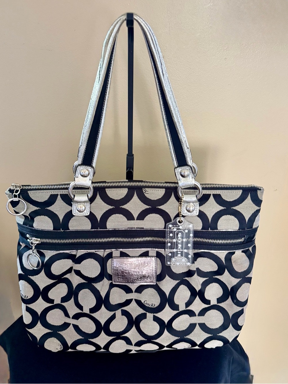Coach Black and Cream Signature Circle Tote with Silver Accents